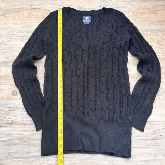 Y2K American Eagle Cable Knit Sweater Medium Black Fitted V Neck Preppy Vintage - Picture 3 of 9
